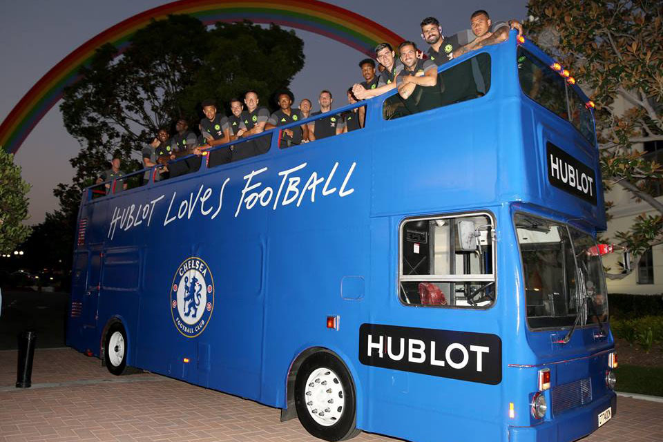 Chelsea F.C. Arrives at the Hublot event in a custom double-decker bus